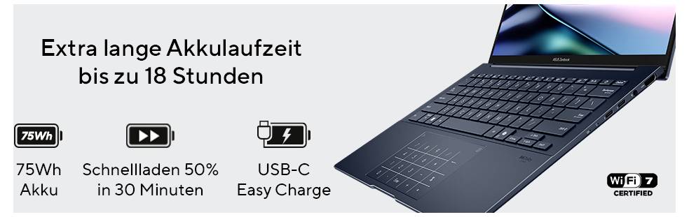 Ein schlanker, schwarzer Laptop mit blauen Akzenten wird angezeigt. Der Text lautet „Extra lange Akkulaufzeit bis zu 18 Stunden