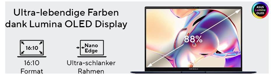 Ein ultraschlankes Laptop mit schmalen Rändern und lebhaftem Bildschirm zeigt Grafiken an. Texthervorhebungen: „Ultra-lebendige Farben mit Lumina OLED-Display