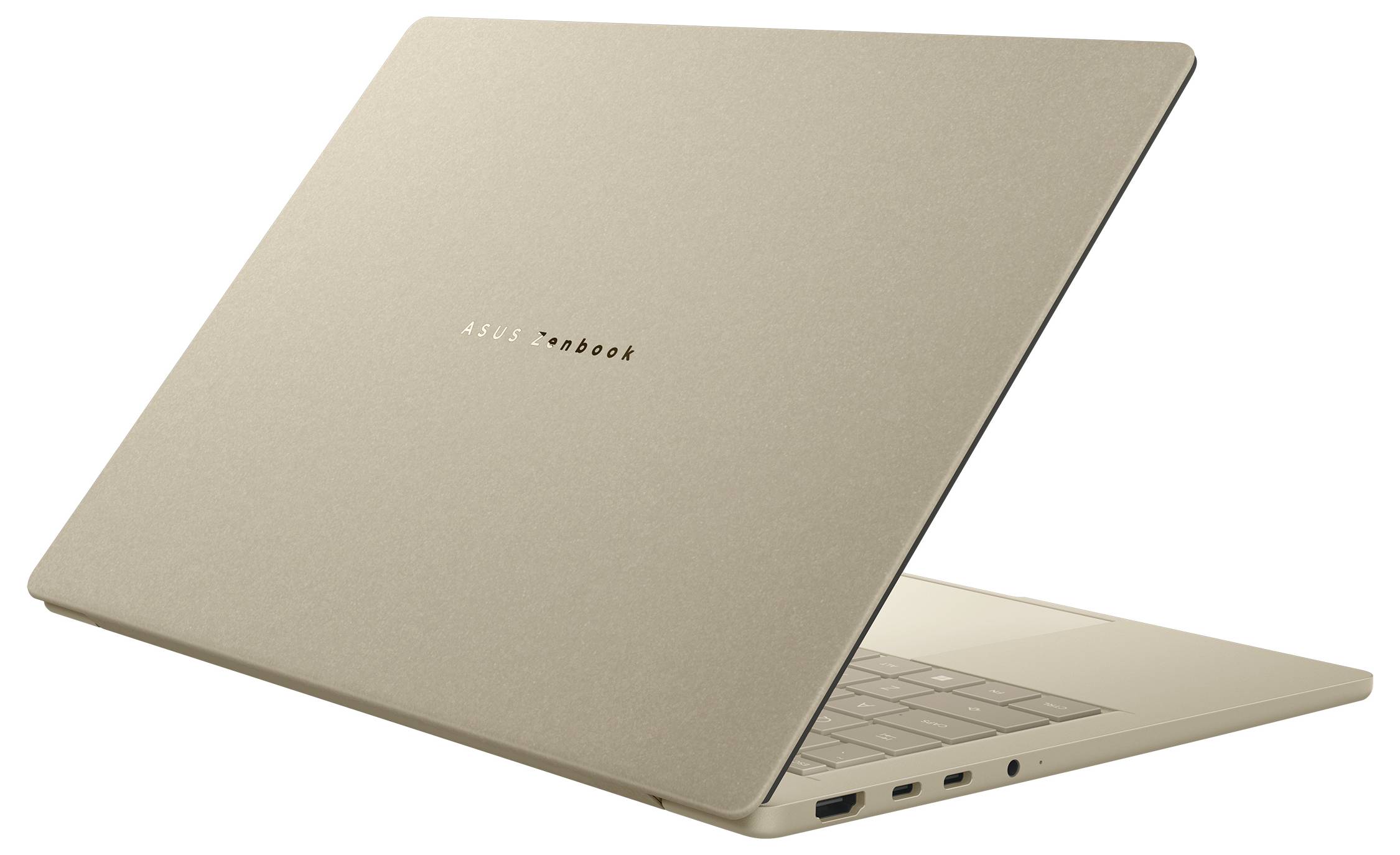 Ein gold-farbener Laptop von hinten betrachtet, auf dem das Logo 