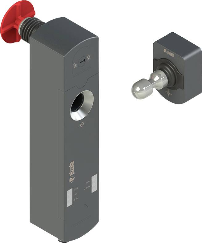 Ein modularer Sicherheitsschalter mit einem roten Betätiger auf der linken Seite und einem Schlüsselsperrenmechanismus auf der rechten Seite, der zur Maschinenschutz verwendet wird.