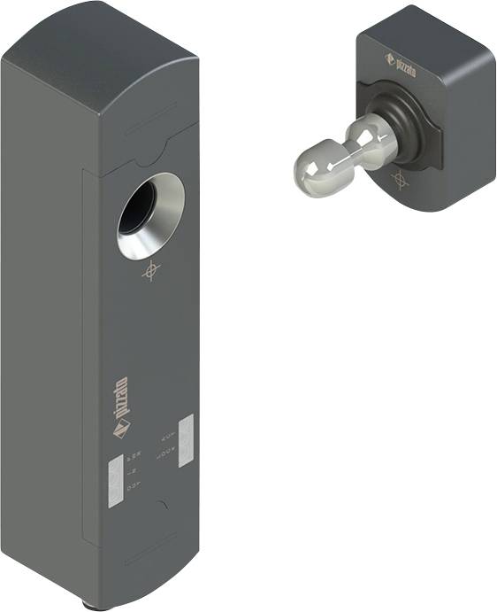 Ein metallischer zylindrischer Schlossmechanismus und separates Schlüsselkomponent mit zahnradähnlichem Ende, konzipiert für Industrie- oder Sicherheitsanwendungen.