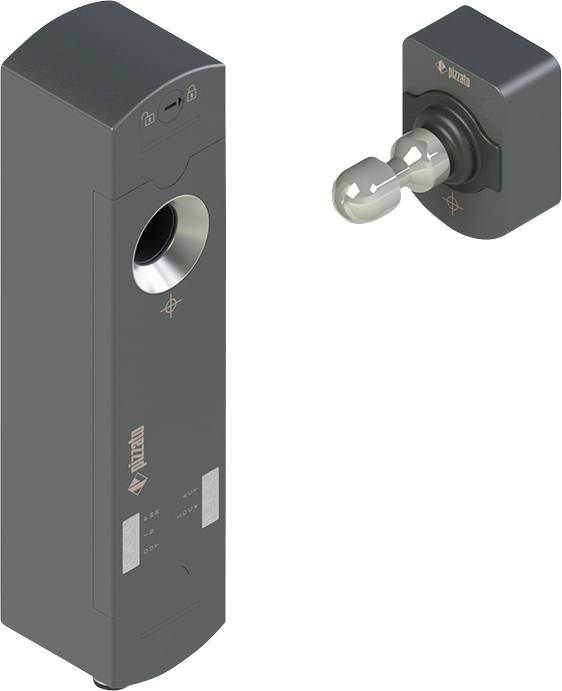 Ein dunkelgraues rechteckiges Schlossmechanismus mit einem Schlüsselloch und passendem zylindrischem Schlüsselteil oben, beide mit einem Logo gekennzeichnet.