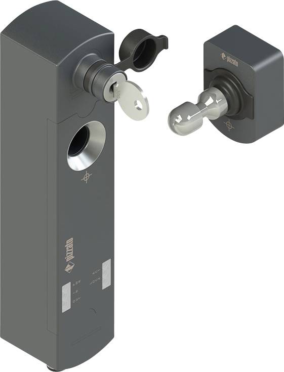 Ein zweiteiliger Verschlussmechanismus mit rechteckigem Design, mit einem zylindrischen Schloss und Schlüssel auf der linken Seite und einer entsprechenden Komponente auf der rechten Seite.