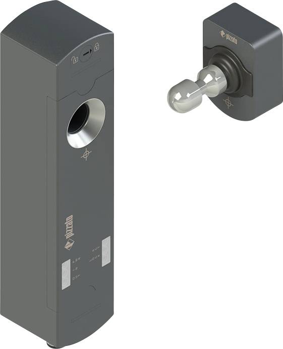 Bild zeigt ein schlüsselloses Schlosssystem von Piaggio mit einem schwarzen elektronischen Modul und einem entsprechenden silbernen Schlüsselkomponente.