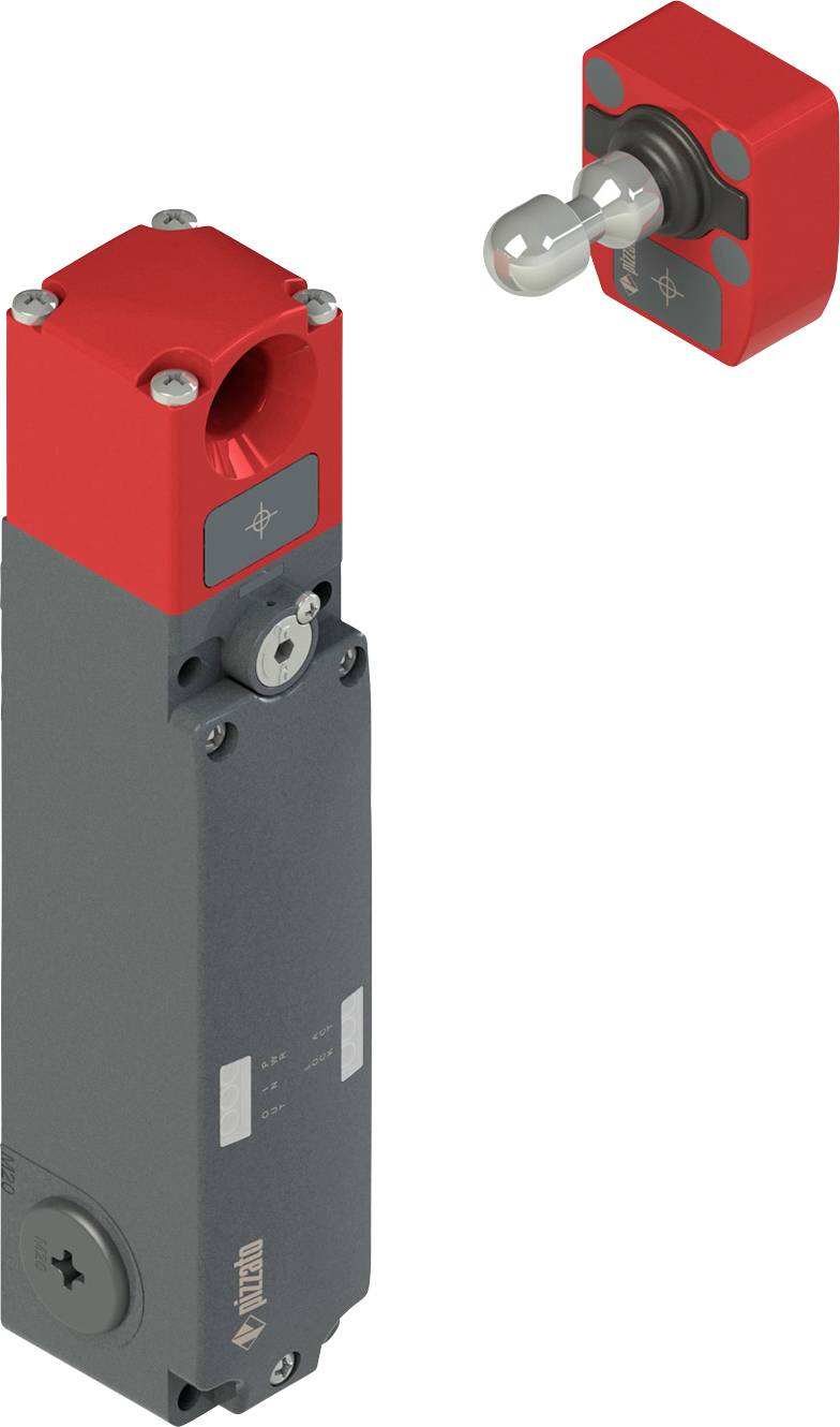 Ein rot-grauer mechanischer Endschalter mit sichtbarem Betätiger. Der Schalter ist für präzise Steuerung und Positionierung in Automatisierungssystemen ausgelegt.