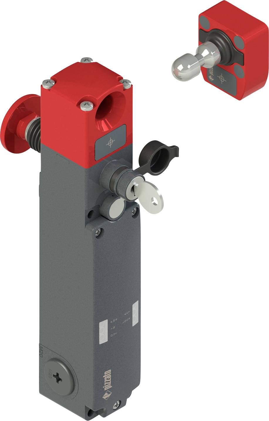 Ein rot-grauer industrieller Sicherheitsschalter mit einem Schlüsselloch und einer abnehmbaren Betätigungskomponente.