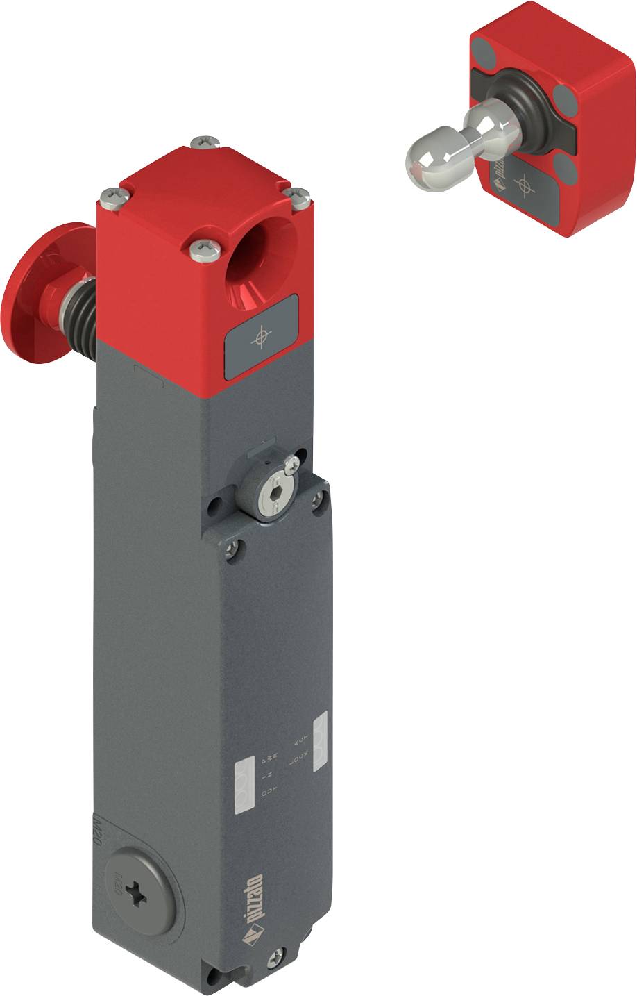 Ein Sicherheitsverriegelungsgerät mit rotem und grauem Gehäuse, zusammen mit einem separaten roten Betätigungskopf, das in industriellen Anwendungen eingesetzt wird.