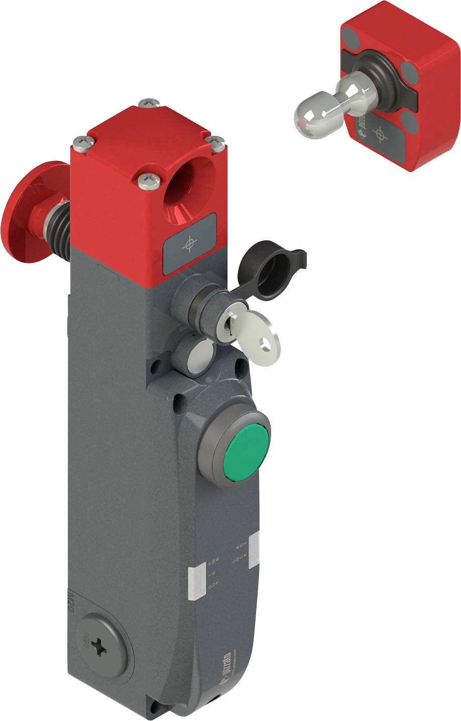 Roter Sicherheitsschalter mit grauem Gehäuse und grünem Knopf, beinhaltet einen Schlüsselschlitz und einen angebrachten Schlüssel. Austauschbare Komponente in der Nähe gezeigt.