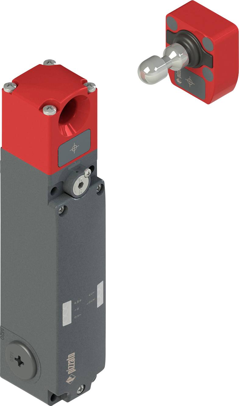 Rechteckiger mechanischer Schalter mit roter Oberseite und grauem Gehäuse neben einem kleinen grauen zylindrischen Betätiger, verwendet in industriellen Anwendungen.