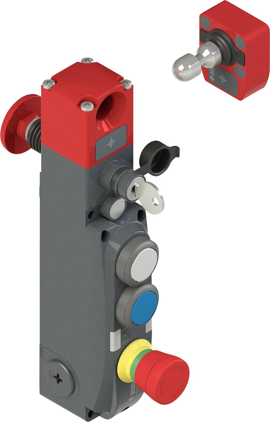 Industrieller Sicherheitsschalter mit mehreren Tasten und Schlüsselzugang, entwickelt für sichere Maschinenoperation. Rote und graue Farben für Prominenz.