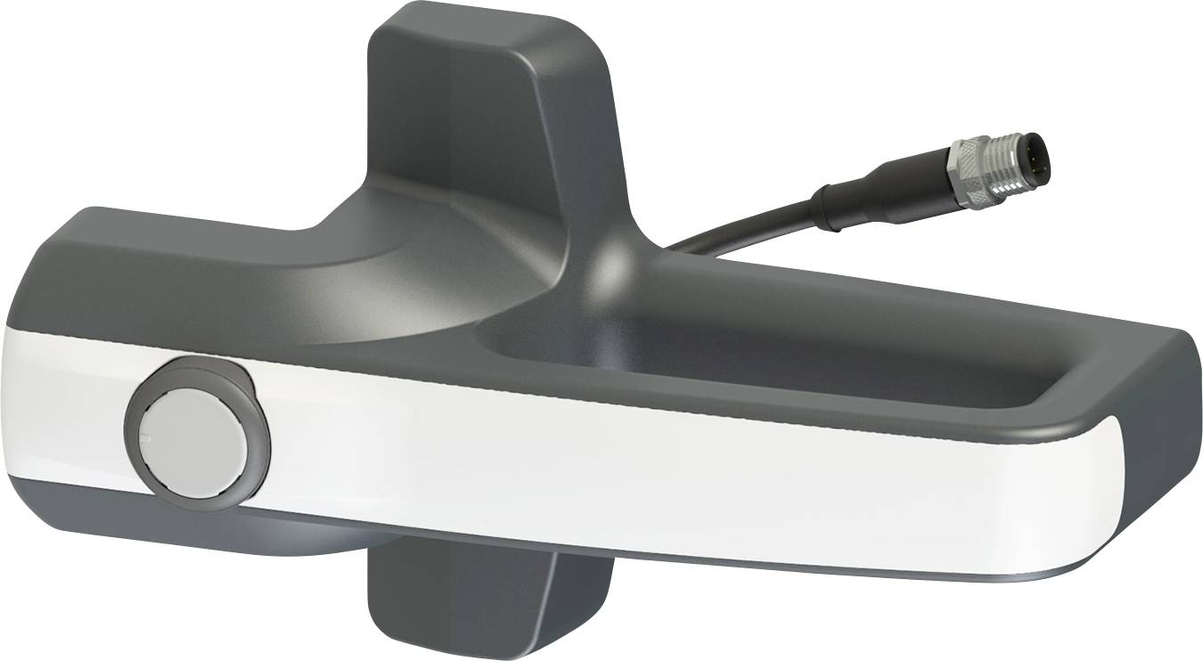 Ein eleganter, moderner Autotürgriff mit angeschlossenem Kabel, mit einem matt schwarzen und weißen Design, das einen minimalistischen Stil unterstreicht.