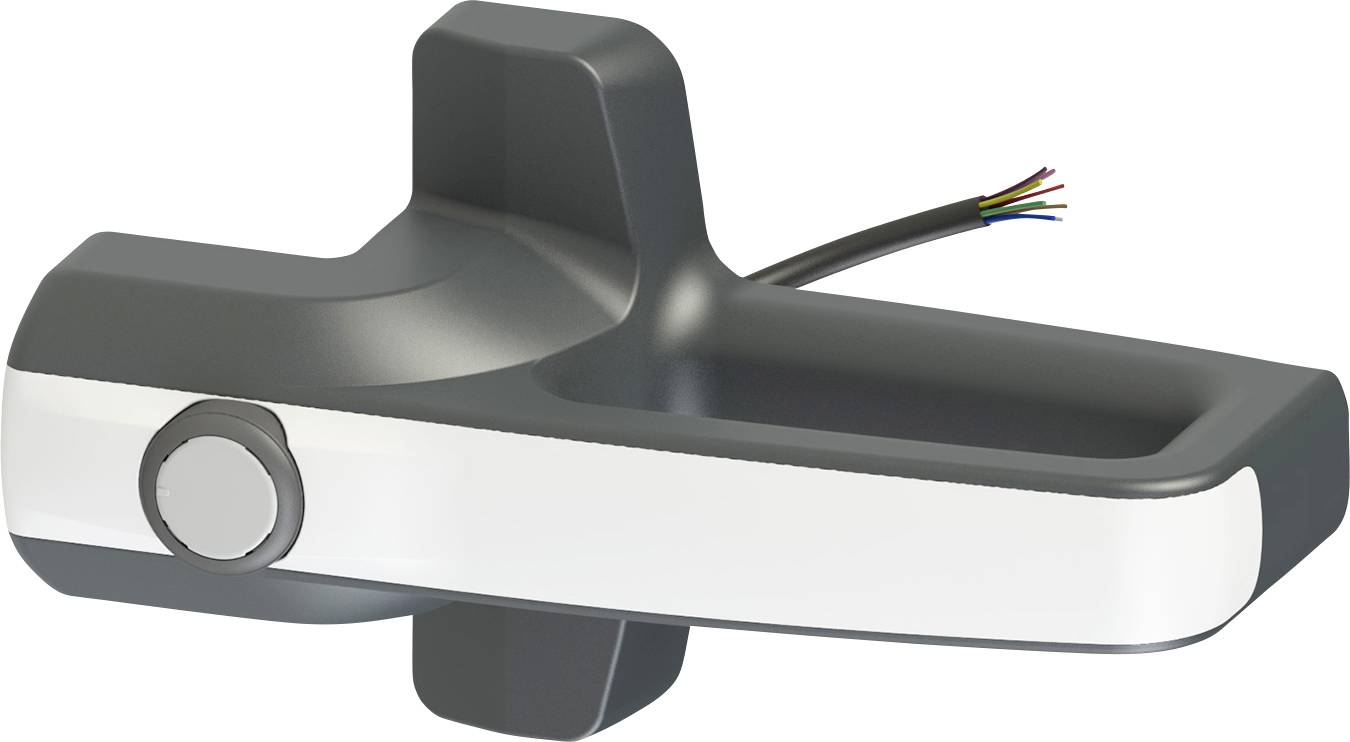 Eine schwarze und weiße Autotürgriff mit einer schlüssellosen Zugangsschaltfläche und Drähten, die sich von der Rückseite erstrecken und auf eine elektronische Komponente hindeuten.