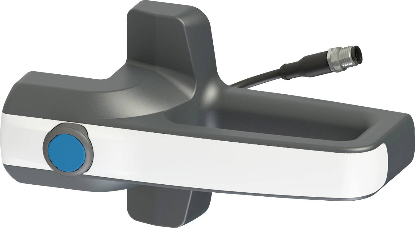 Ein grauer und weißer elektronischer Türgriff mit einem blauen Knopf und schwarzem Kabel, verwendet für sichere Zugangskontrolle in Wohn- oder Geschäftsgebäuden.