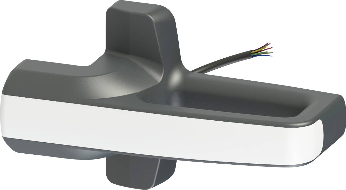 Ein moderner schwarzweißer elektronischer Türgriff mit freiliegenden Drähten, wahrscheinlich zur Integration in intelligente Sicherheitssysteme.