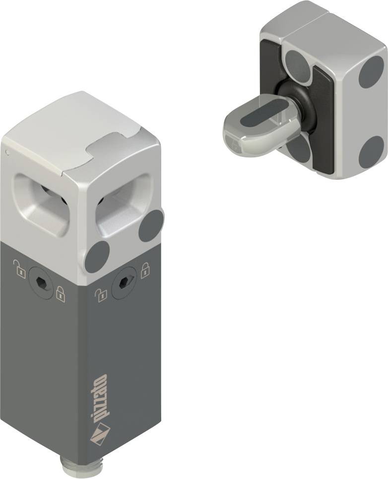 Ein Sicherheitsschalter in zwei Teilen, mit einem Metallbetätiger und einem Hauptgehäuse mit Kontrollsymbolen, verwendet zum Verriegeln und sicheren Betrieb.