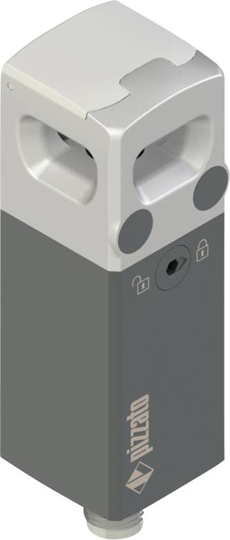 Ein grauer und silberner Industriesicherheitsschalter von Pizzato mit Verriegelungs- und Entriegelungssymbolen auf der Vorderseite.