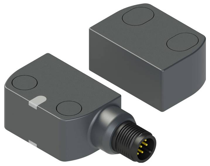 Ein Paar grauer rechteckiger Sensoren mit kreisförmigen Kontaktpunkten und ein Sensor mit einem zylindrischen Stecker mit sichtbaren Stiften.