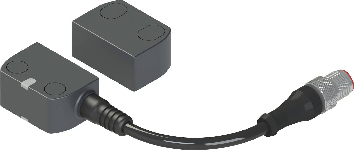 Rechteckiger Sensor mit Kabel und Stecker, der in industriellen Umgebungen für Überwachungs- oder Automatisierungsaufgaben verwendet wird.