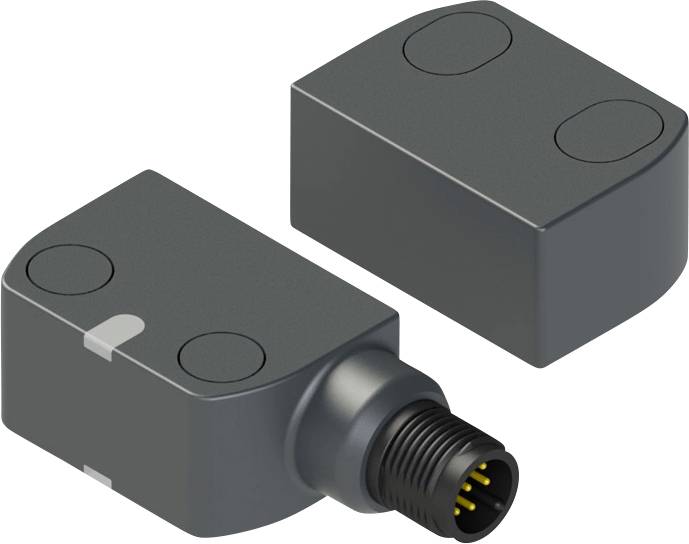 Zwei kompakte, rechteckige elektronische Sensoren in Dunkelgrau mit abgerundeten Kanten, einer mit angeschlossenem Kabelanschluss.