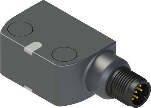 Ein rechteckiger schwarzer Sensor mit einem angebrachten kreisförmigen Stecker, ausgestattet mit einer gerippten Grifffläche und Metallstiften für elektronische Verbindungen.