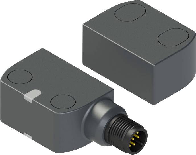 Zwei rechteckige elektronische Stecker, einer mit einem kreisförmigen Stecker und der andere als geschlossene Einheit, beide in Grau.