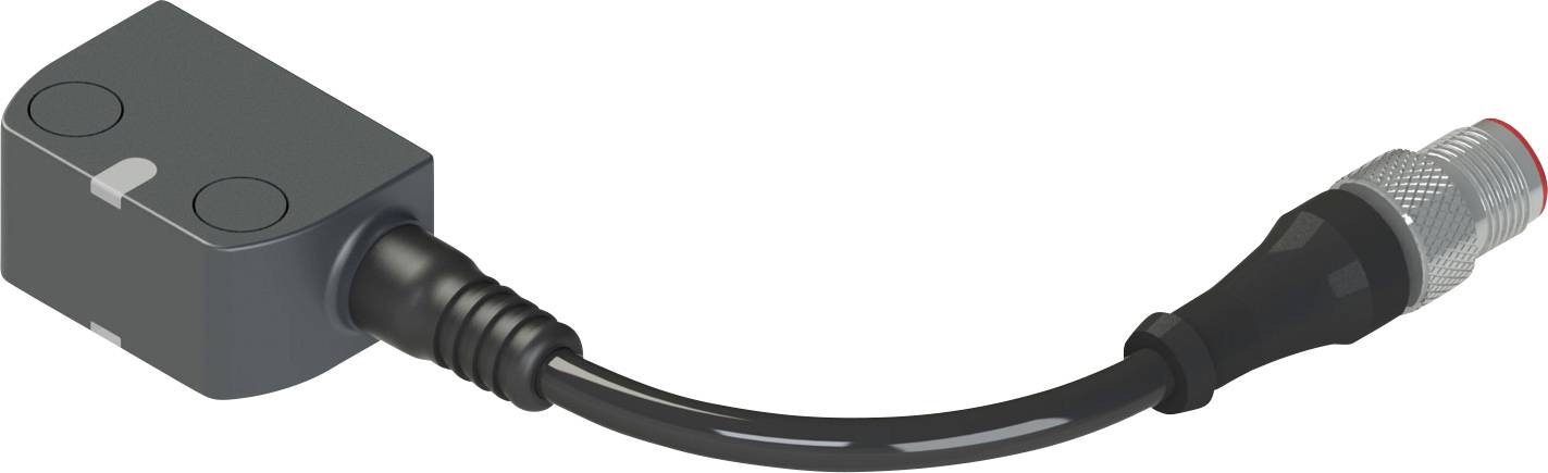 Ein schwarz-graues Verbindungskabel mit einem rechteckigen Gehäuse an einem Ende und einem zylindrischen Stecker am anderen Ende.