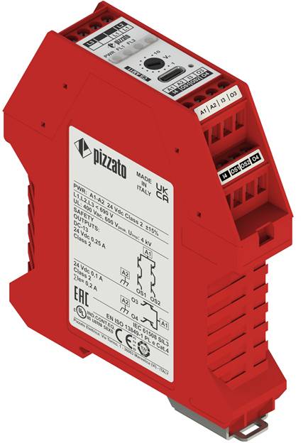 Pizzato-Relais mit mehreren Anschlüssen und Beschriftungen, rotes Kunststoffgehäuse, verwendet für elektrische Steuerungs- und Sicherheitsanwendungen.