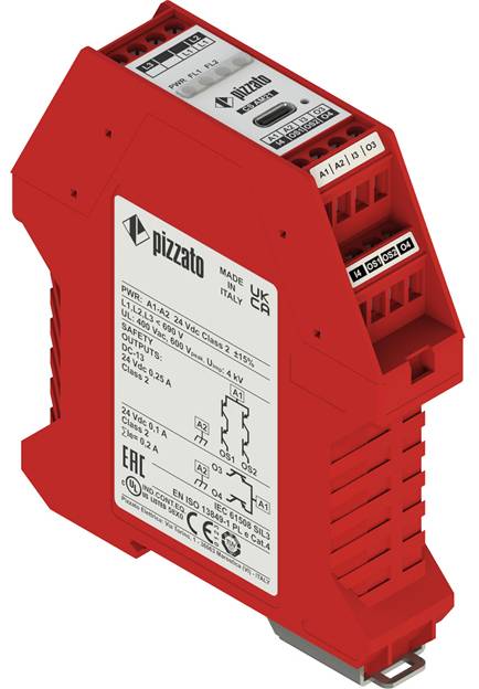 „Pizzato-Relaismodul in rotem Gehäuse mit gekennzeichneten Anschlüssen für Verbindungen. Das Modul ist mit Markenbezeichnung und elektrischen Spezifikationen gekennzeichnet.