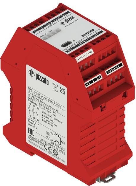 Sicherheitsrelaisgerät von Red Pizzato mit mehreren gekennzeichneten Eingängen und Ausgängen. Wird für elektrische Sicherheit in Steuersystemen verwendet.