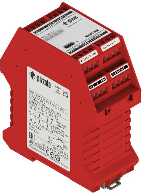 Rotes Pizzato-Elektronikgerät mit mehreren gekennzeichneten Anschlüssen für industrielle Verwendung, hergestellt in Italien, mit verschiedenen auf der Seite angegebenen technischen Spezifikationen.