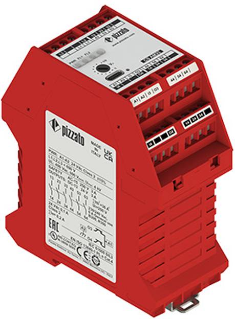 „Pizzato Sicherheitsrelais mit sechs Anschlussklemmen, rotes Gehäuse und verschiedene Zertifizierungsmarken auf dem vorderen Etikett sichtbar.