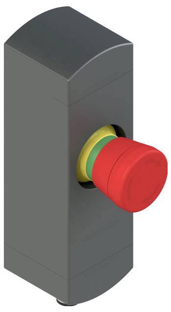 Roter Notausschalter auf einer grauen rechteckigen Box, entwickelt für die Sicherheitsabschaltung in industriellen Umgebungen.