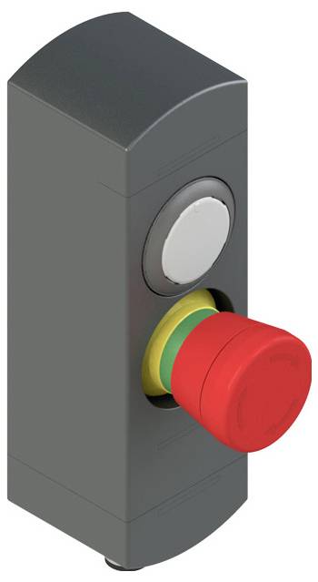 Ein Notausschalter mit roter kreisförmiger Kappe auf grauer rechteckiger Basis, über einem kleineren weißen Knopf.