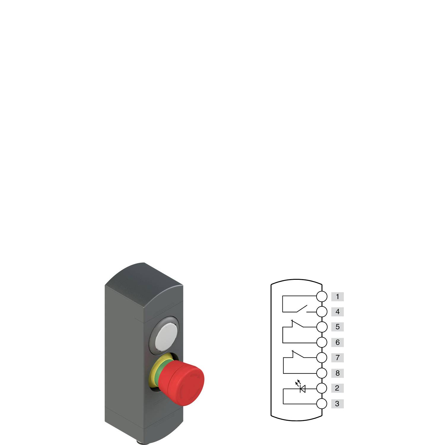 Ein roter Notausschalter auf einer grauen Box neben einem Schaltplan mit nummerierten Komponenten, die Verbindungen und Abfolge anzeigen.