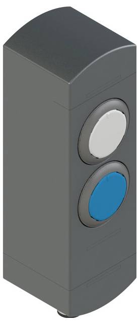 Ein vertikales Bedienfeld mit zwei runden Schaltflächen: eine weiße Schaltfläche oben und eine blaue Schaltfläche darunter.