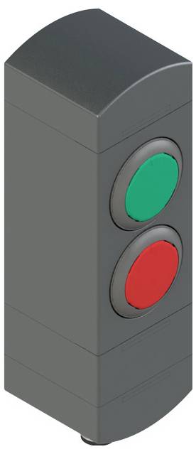 Eine vertikale dunkelgraue Box mit zwei Schaltflächen: eine grüne Schaltfläche oben und eine rote Schaltfläche darunter, wahrscheinlich zur Steuerung eines Geräts oder einer Maschine.