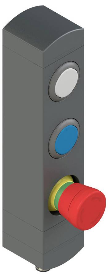 Ein vertikales Bedienfeld mit einem roten Notausschalter, einem blauen Schalter und einem weißen Schalter in einem eleganten rechteckigen Gehäuse.