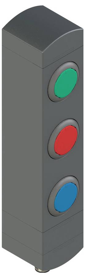 Ein vertikales Bedienfeld mit drei kreisförmigen Schaltflächen: grün oben, rot in der Mitte und eine ausgeschaltete untere Schaltfläche.