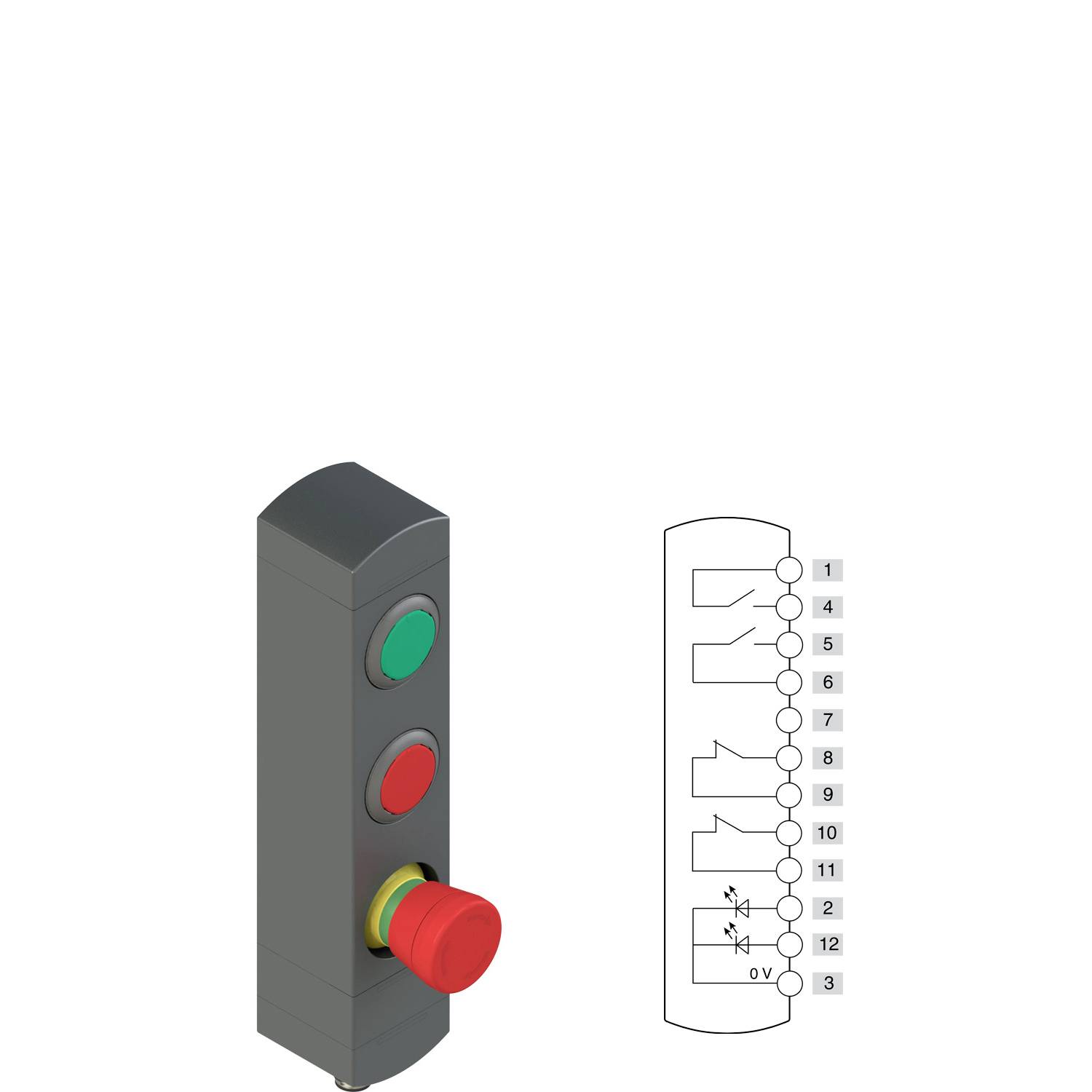 Bedienfeld mit grünen und roten Tasten neben einem Schaltplan mit Nummern von 0 bis 13, die elektrische Verbindungen anzeigen.