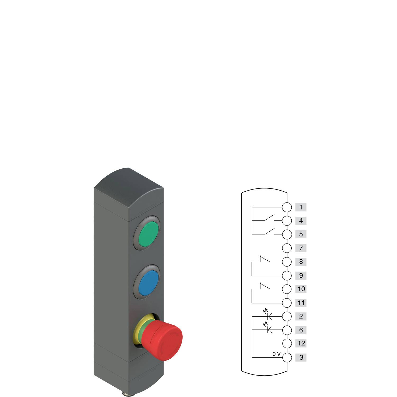 Ein Bedienfeld mit grünen, blauen und roten Tasten wird zusammen mit einem Terminaldiagramm angezeigt, das Verbindungen mit den Nummern 1 bis 12 angibt.