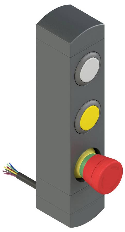 Ein vertikales Bedienfeld mit drei Tasten: eine weiße Taste oben, eine gelbe Taste in der Mitte und eine große rote Taste unten.