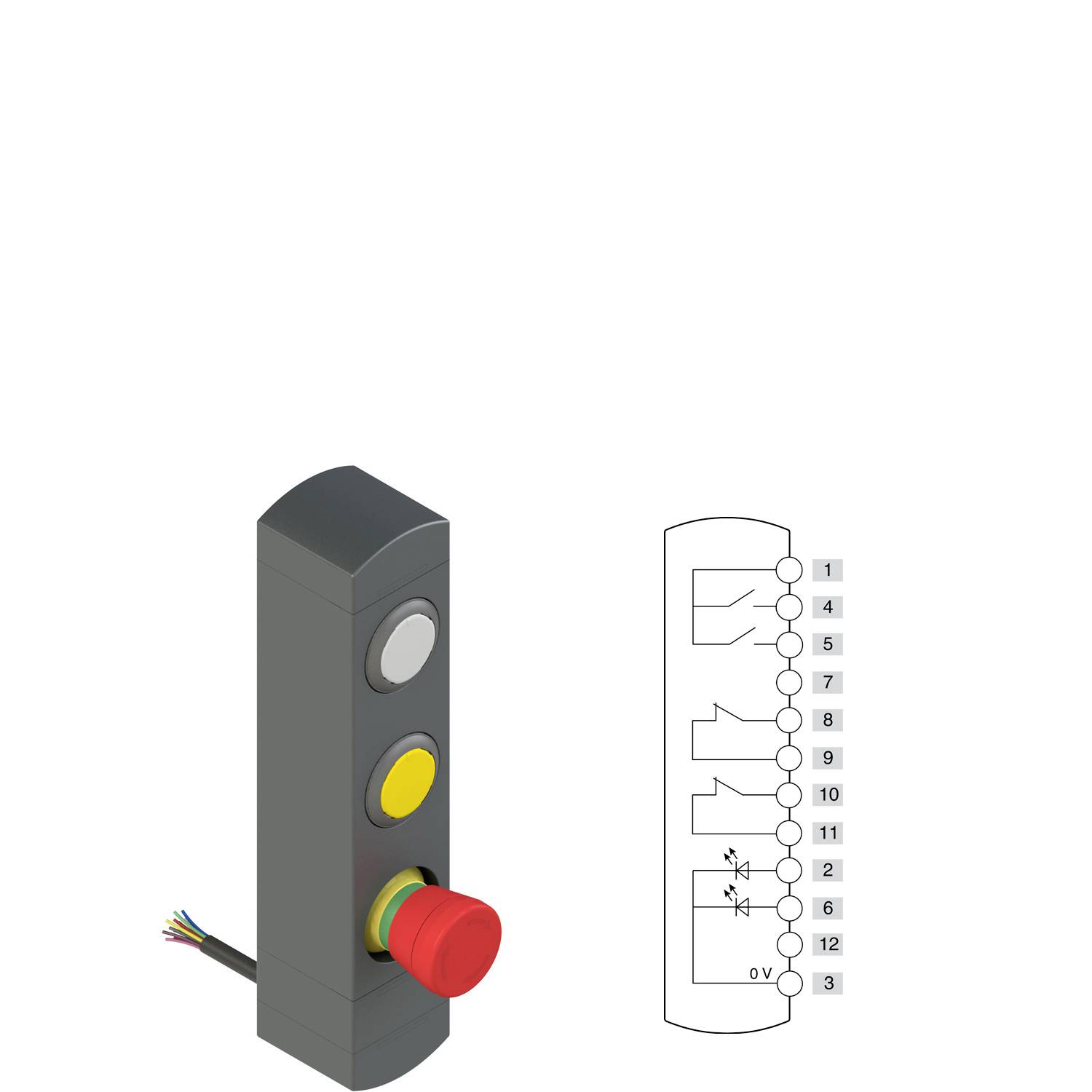 Notfallstoppschalter-Einheit mit Stopp-, Start- und Zurücksetzen-Tasten; Das Schaltschema zeigt Verbindungspunkte, die von 1 bis 12 und Masse gekennzeichnet sind.
