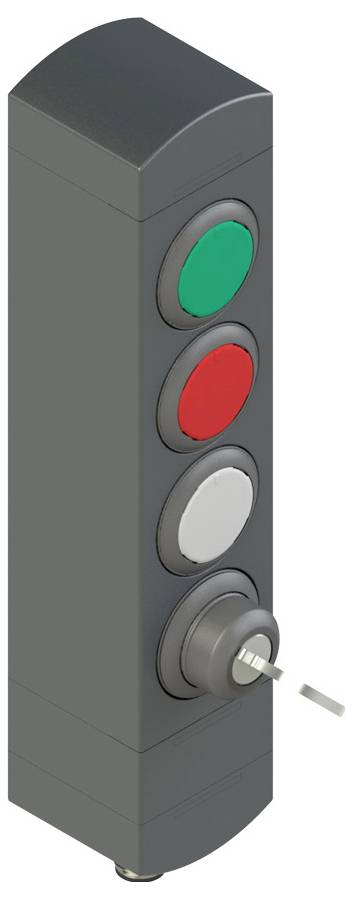 Ein graues Bedienfeld mit grünem, rotem und weißem Knopf in einer vertikalen Reihe. Darunter befindet sich ein Schlüssel in einem Schloss, der Kontrolle oder Zugang anzeigt.