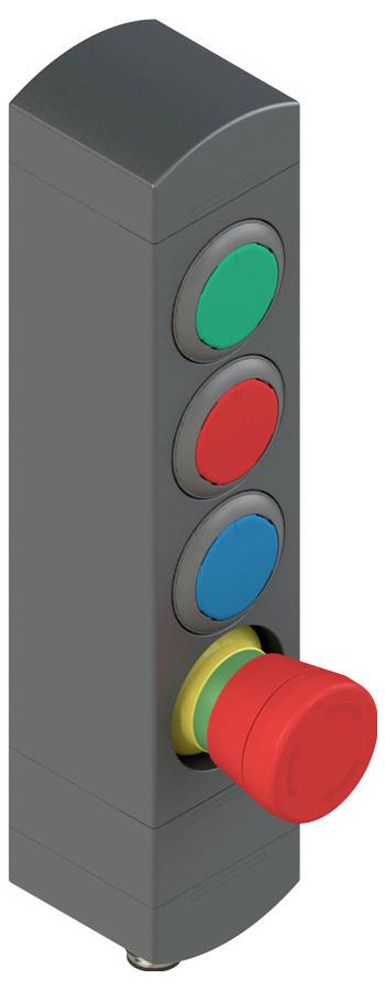 Ein vertikales Bedienfeld mit drei kleinen kreisförmigen Schaltflächen (grün, rot, blau) und einem großen roten Notausschalter unten.