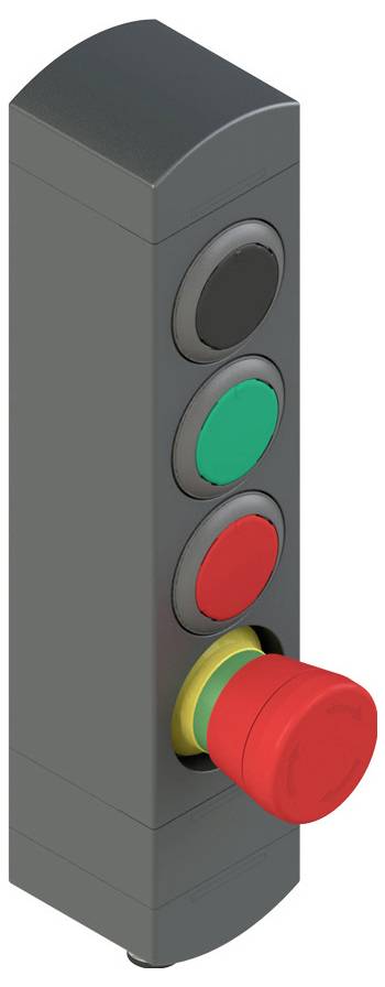 Ein vertikales Bedienfeld mit vier Tasten: grau oben, grün, rot und eine große gelbe Basis mit rotem Notausschalter am unteren Ende.