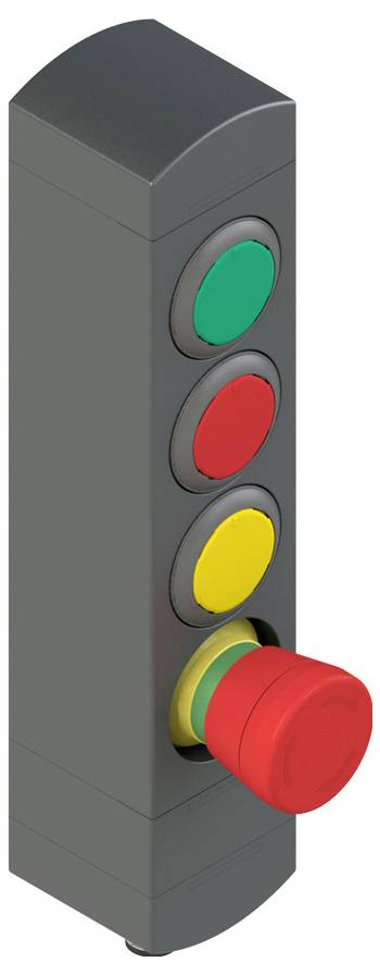 Vertales Bedienfeld mit vier Knöpfen in einer Reihe: oben grün, zweiter rot, dritter gelb und großer unterer rot für Notfall-Aus.