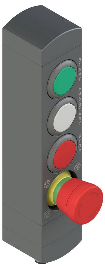 Bedienfeld mit drei Schaltflächen in vertikaler Anordnung: Grün für Start, Weiß für Zurücksetzen und Rot für Stopp oder Notausschalt.