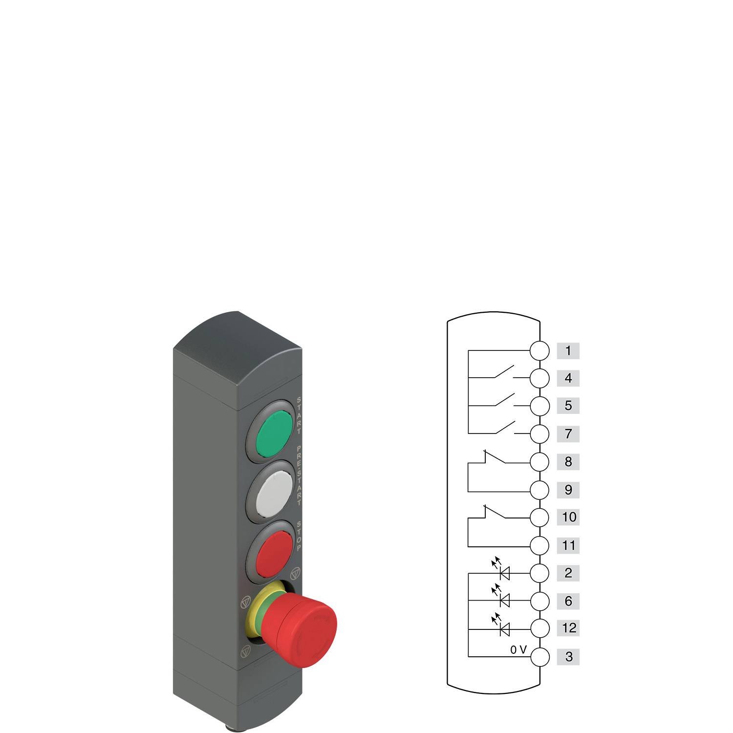 Eine Bedienplatte mit grünen, roten und gelben Schaltflächen. Das Diagramm zeigt das Verkabelungslayout mit nummerierten Etiketten und Verbindungen für Komponenten.
