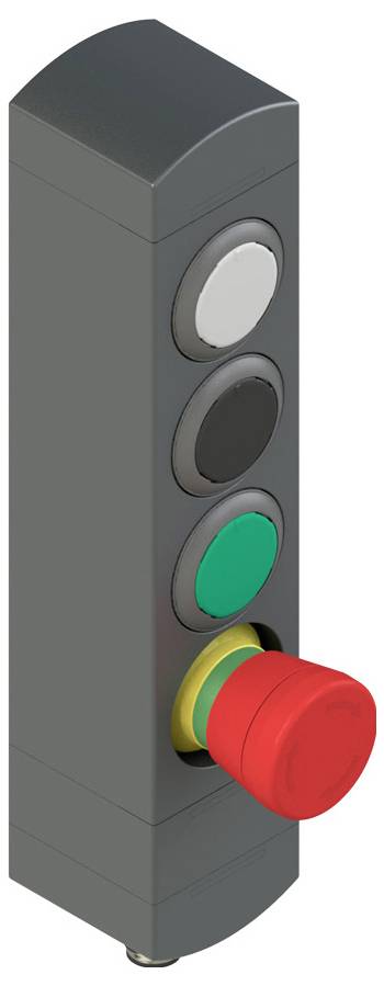 Eine vertikale Schalttafel mit vier runden Tasten: eine weiße, eine schwarze, eine grüne und eine großer roter Notausschalter unten.