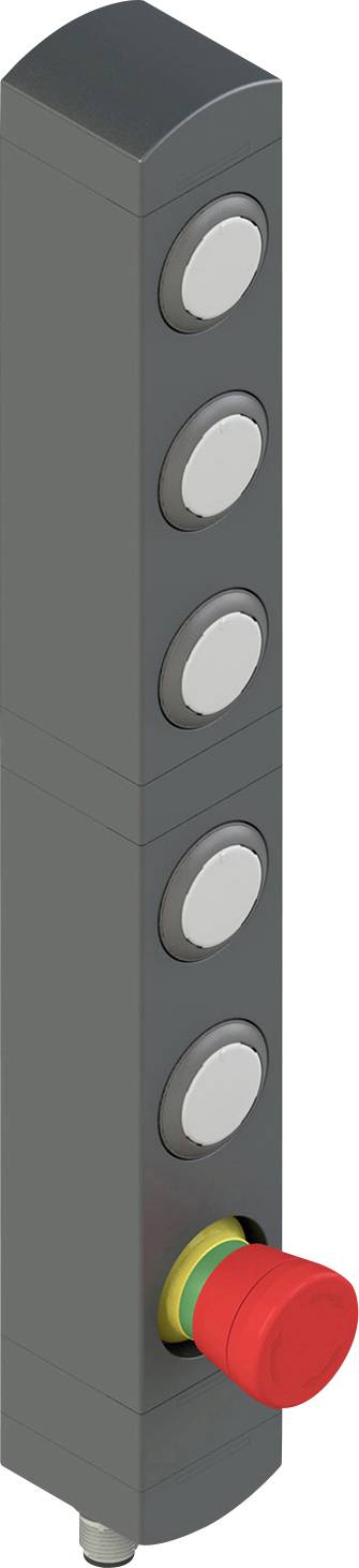 Ein vertikales Bedienfeld mit fünf runden grauen Knöpfen und einem größeren roten Nothaltsknopf unten.